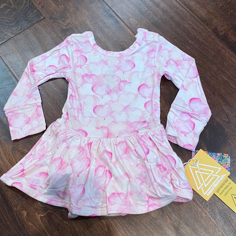 Muse Threads Bamboo Pink Hearts Long Sleeve Bodysuit Twirl Dress 6-12m NWT